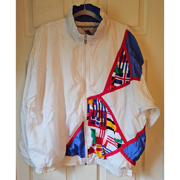 Vtg 80s Lavon Cheerful Corp White Nylon Windbreaker Jacket Colorblock Flags Sz L - Picture 1 of 6